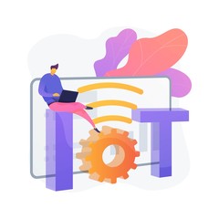Internet of things, IOT. Appliances control automation, futuristic online technology, digital innovation. Network user with laptop cartoon character. Vector isolated concept metaphor illustration