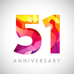51 st anniversary numbers. 51 years old yellow coloured logotype. Age congrats, congratulation 3D idea. Isolated abstract graphic design template. Creative 1, 5 digits. Up to 51% percent off discount.