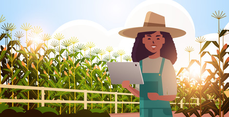 woman farmer with tablet monitoring corn field condition countrywoman controlling agricultural products smart farming concept landscape background flat horizontal portrait vector illustration