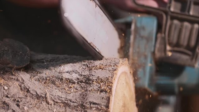 Man is sawing a wood with an electrical chainsaw at carpentry. A process of sawing, with wooden sawdust, front view in slow motion.