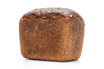 One whole fresh baked dark bread loaf isolated on white background