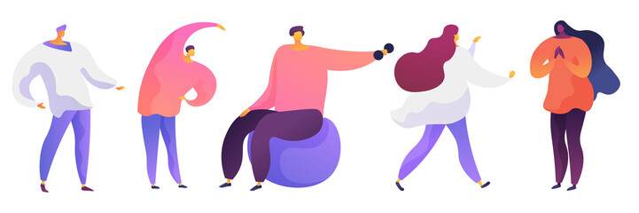 Healthy lifestyle flat vector illustrations set. Doctors and patients cartoon characters. Medical consultation, professional advice. Sport and fitness, trauma rehabilitation, physical exercise