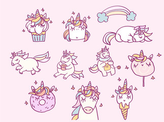 Cute cartoon character unicorns and sweet desserts set, funny magical stickers, hand drawn vector illustration. Art for card or t shirt print