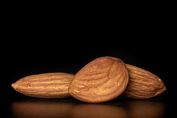 Group of three whole peeled almond nuts isolated on black glass