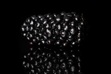 One whole blackberries isolated on black glass
