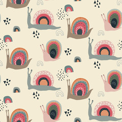 Vector seamless pattern with cute funny rainbow snails in abstract scandinavian style.