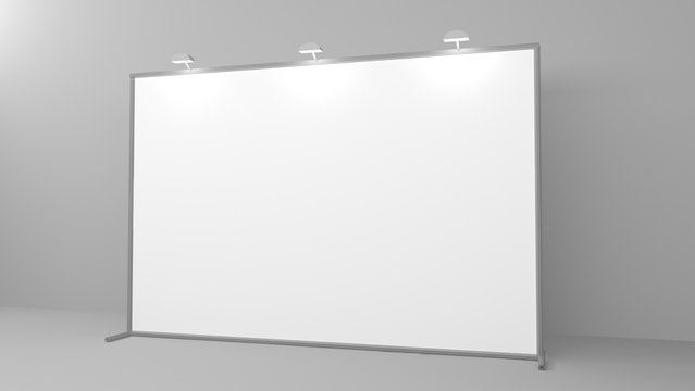 Billet press wall with blank banner. Mobile trade show booth white and blank. 3d render isolated on white background.