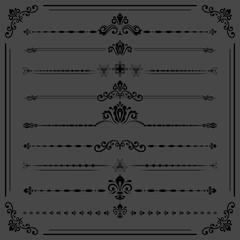 Obraz premium Vintage set of decorative elements. Horizontal separators in the frame. Collection of different ornaments. Classic patterns. Set of dark vintage patterns