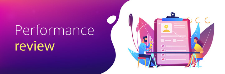 Employer meeting job applicant at pre-employment assessment. Employee evaluation, assessment form and report, performance review concept. Header or footer banner template with copy space.