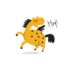 Vector cartoon illustration of funny horse with wings and phrase HEY.
