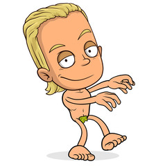 Cartoon funny walking blonde boy character. Layered EPS ready for animations. Isolated on white background. Vector icon.