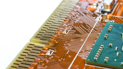 Electronic circuit board close up.	