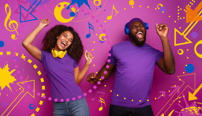 Couple with headset listen to music and dance with energy on violet background with pop shapes