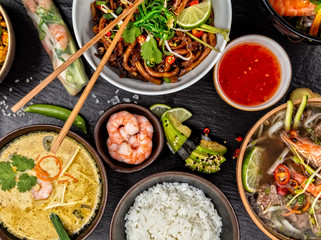 Asian food variation with many kinds of meals. Top view