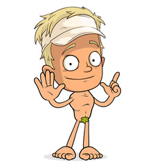 Cartoon funny standing blonde boy in tennis cap. Layered EPS ready for animations. Isolated on white background. Vector icon.