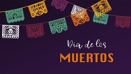 Vector banner for Dia de los Muertos.  Colorful papel picado paper garlands, mexican traditional decorative elements.
