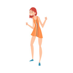 Happy Smiling Young Woman in Short Dress Dancing at Party Vector Illustration
