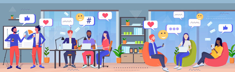 businesspeople discussing during meeting social media network chat bubble communication concept mix race colleagues in co-working center modern office interior sketch full length horizontal vector