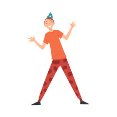 Happy Smiling Young Man Celebrating Event Wearing Party Hat Vector Illustration