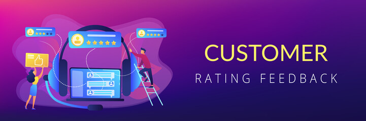 Customers at laptop and headset giving thumb up, rating stars. Customer feedback, customer rating feedback, customer relationship management concept. Header or footer banner template with copy space.