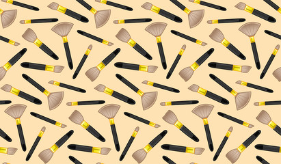 Makeup brushes seamless pattern on beige background