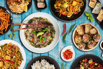 Top view composition of various Asian food