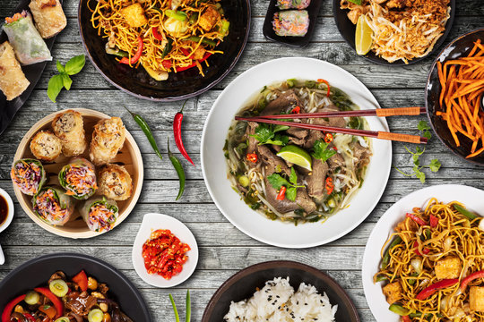 Top view composition of various Asian food