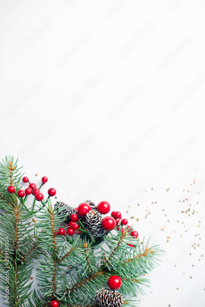 Canvas Prints christmas composition flatlay. spruce branches, red berries on white background with space for text