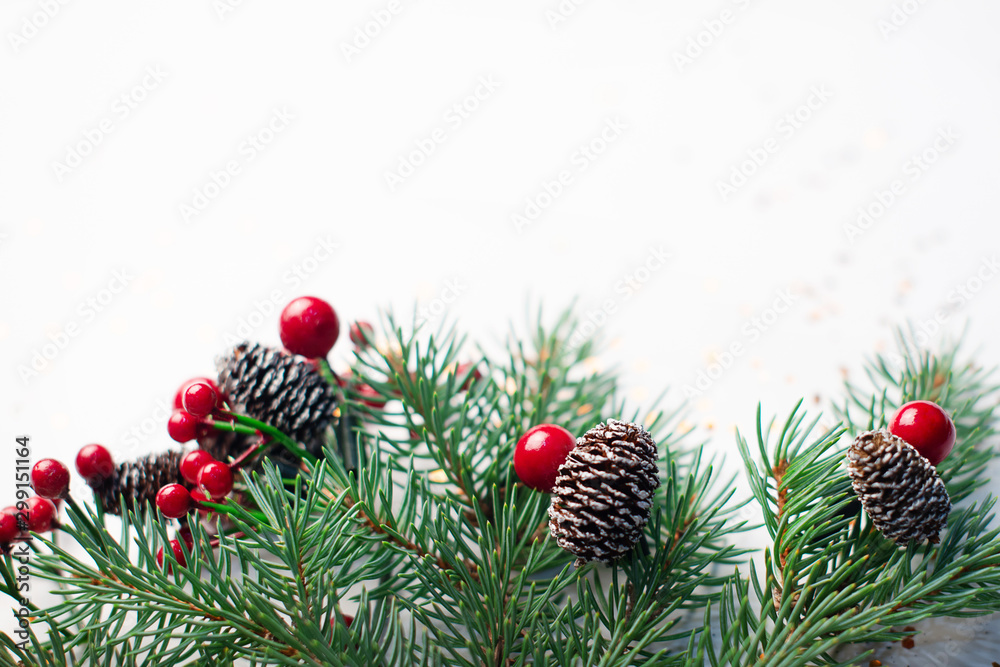 Canvas Prints christmas composition flatlay. spruce branches, red berries on white background with space for text