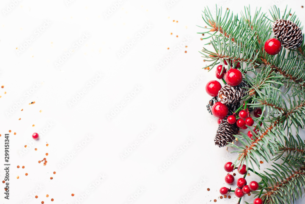 Canvas Prints christmas composition flatlay. spruce branches, red berries on white background with space for text
