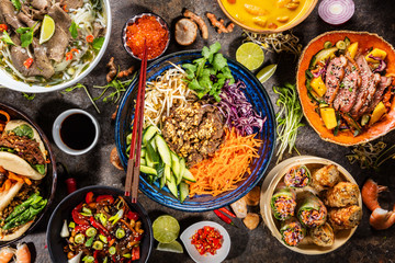 Top view composition of various Asian food in bowl