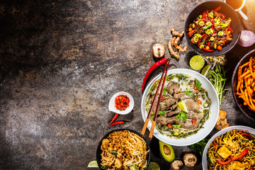 Top view composition of various Asian food in bowl