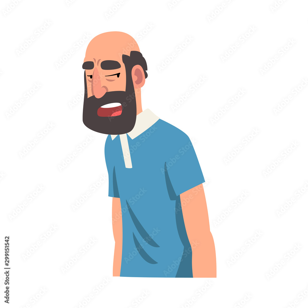 Sticker Grumpy Bearded Man, Male Character Facial Emotions Vector Illustration