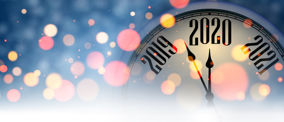 Blue blurred New Year 2020 banner with clock.