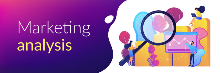 Marketers with magnifier research marketing opportunities chart. Marketing research, marketing analysis, market opportunities and problems concept. Header or footer banner template with copy space.