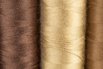 Group of two whole haberdashery item brown thread spool macro isolated on white background