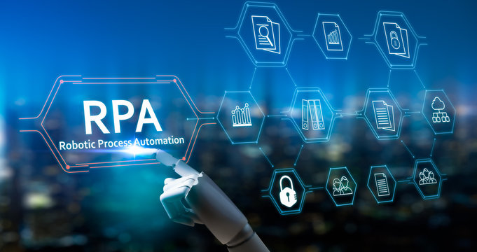 RPA (Robotic Process Automation system),Artificial intelligence , Robot finger,robo advisor ,Big data and business concept.Robot finger on blurred background using digital RPA interface.