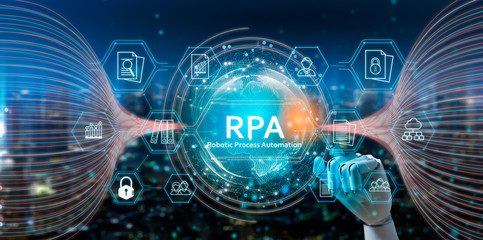 RPA (Robotic Process Automation system),Artificial intelligence , Robot finger,robo advisor ,Big data and business concept.Robot finger on blurred background using digital RPA interface.