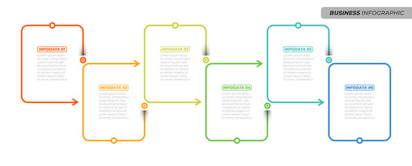 Business creative design linear infographic template. Timeline process with 6 options, arrows, boxs. Vector illustration