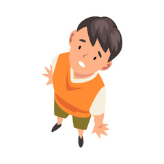 Cheerful Boy Character Looking Up, View from Above Vector Illustration