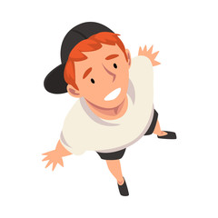 Smiling Teenage Boy Character in Cap Looking Up, View from Above Vector Illustration