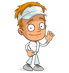 Cartoon blonde funny boy character in white cap. Layered vector for animations. Isolated on white background. Vector icon.