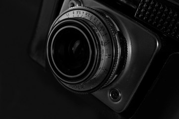 retro camera, collectibles classic old film camera, black and white toned, retro technology