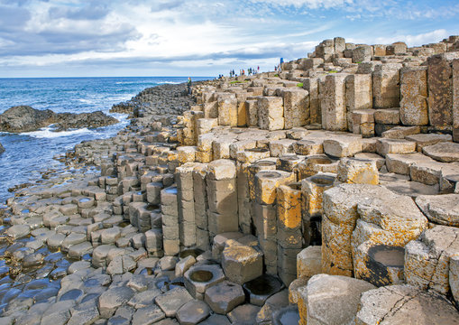The pavement of the giants. 40 thousand stone columns closely adjacent to each other. Causeway Coast Bushmills. Northern Ireland. United Kingdom