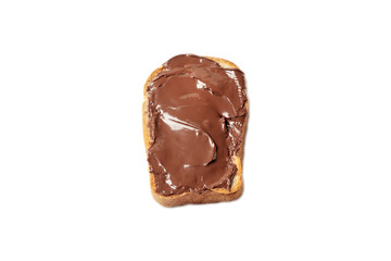 Slice of toast with chocolate hazelnut spread on isolated background. Toasted piece of bread, Breakfast