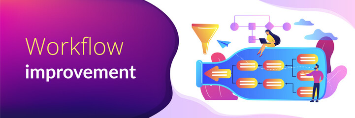 Tiny business people at bottle looking for system least capacity. Bottleneck analysis, bottlenecking control, workflow improvement concept. Header or footer banner template with copy space.