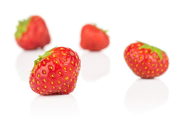 Group of four whole fresh red strawberry isolated on white background