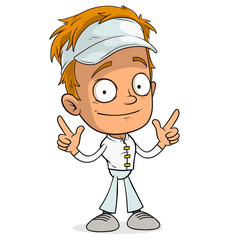 Cartoon redhead funny boy character in white cap showing forefingers. Layered vector for animations. Isolated on white background. Vector icon.