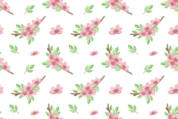 A repeat pattern of light pink cherry blossom flowers, a little tree branch and leaves, pattern for spring holidays celebration