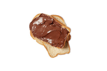 Slice of toast with chocolate hazelnut spread on isolated background. Toasted piece of bread, Breakfast